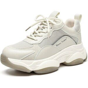 Women's Beige 1 Chunky Sneakers Fashion Sneakers, Lace Up Platform Comfortable
